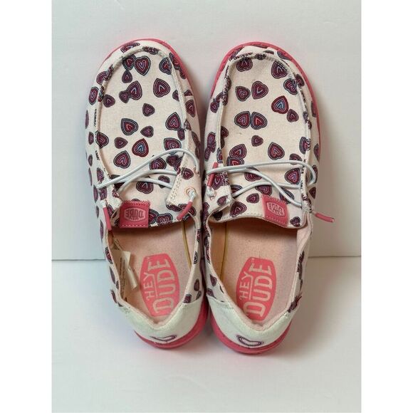 Hey Dude Wendy Hearts Shoes Pink Red Sz 4Youth - Picture 1 of 5